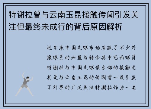 特谢拉曾与云南玉昆接触传闻引发关注但最终未成行的背后原因解析